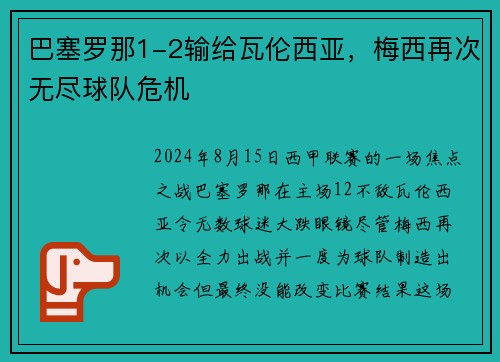 巴塞罗那1-2输给瓦伦西亚，梅西再次无尽球队危机